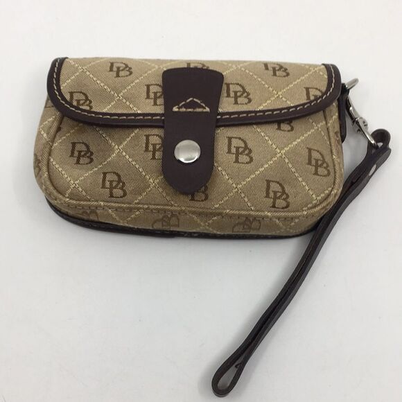 Dooney & Bourke Canvas Monogram Tan and Chocolate Brown Wristlet - Picture 1 of 16